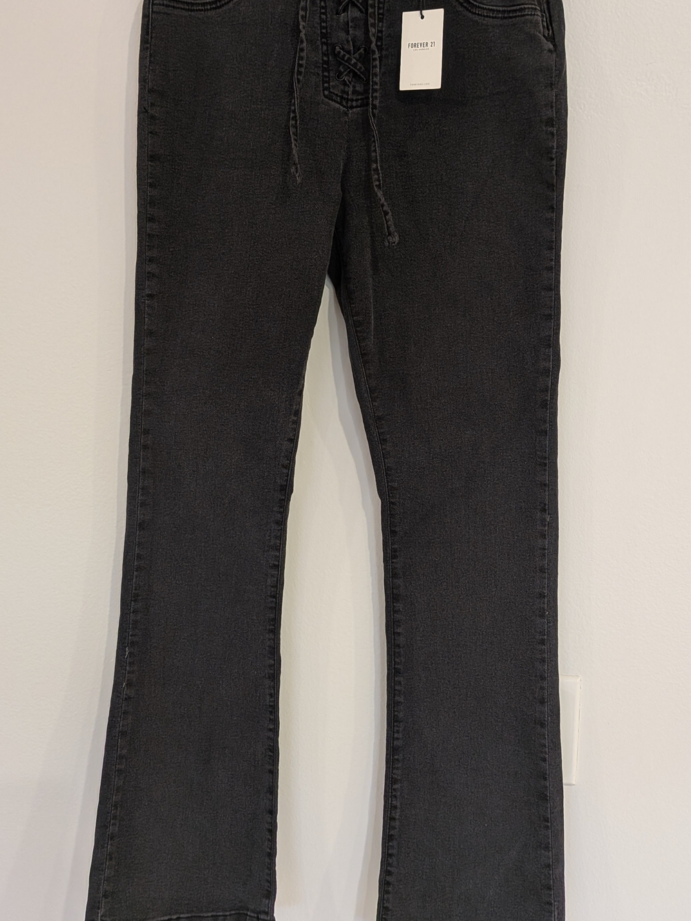 Bootcut Washed Black Lace Up Denim Jeans Women Solid Zip Drawstring NWT - Picture 2 of 10